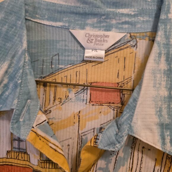 Christopher & Banks Petite Market Print Button Down Top P/L - Picture 2 of 4
